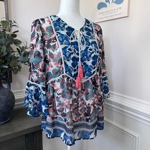 Vintage America Blue Floral Color Block 3/4 Sleeve Boho Tie Front Top M